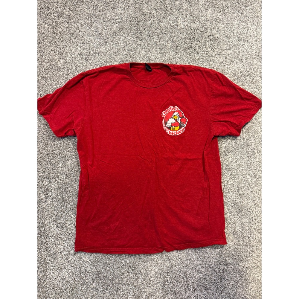 Charlie's Chicken T-Shirt Mens Large Red Chunks Graphic Short Sleeve Tee